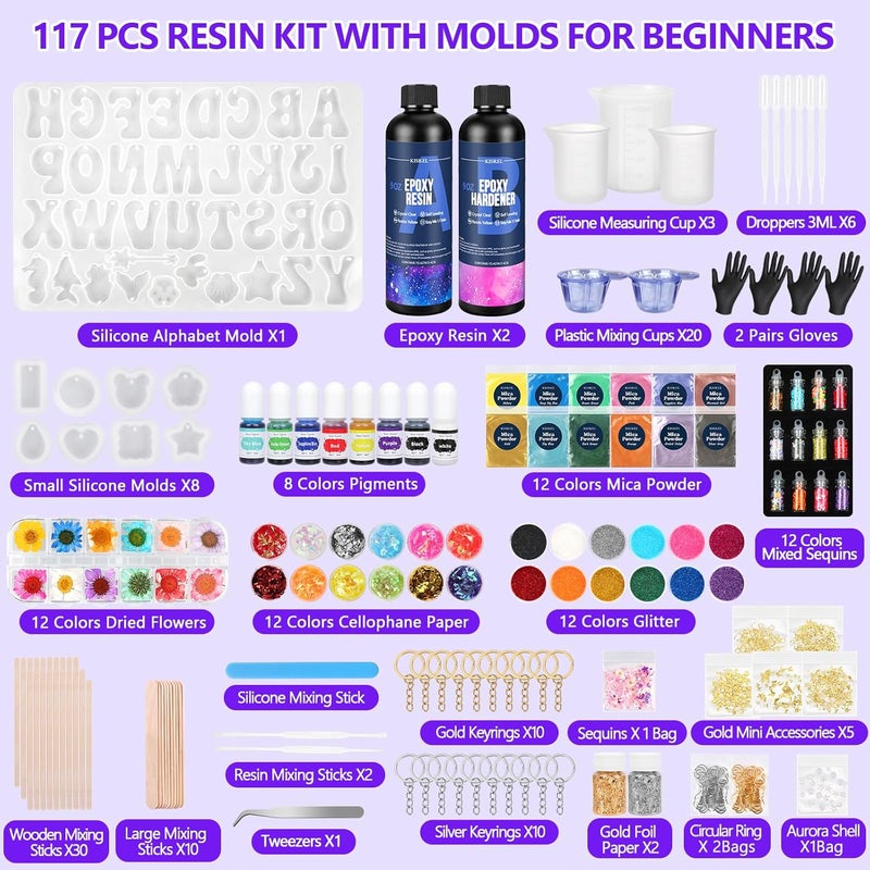 KISREL Epoxy Resin kit -18oz Clear Epoxy Resin with Silicone Alphabet Resin molds and Jewelry Making Kits, 2 Part Epoxy and Hardener for Casting Coating, Keychains, DIY Craft Decorations - Image 2